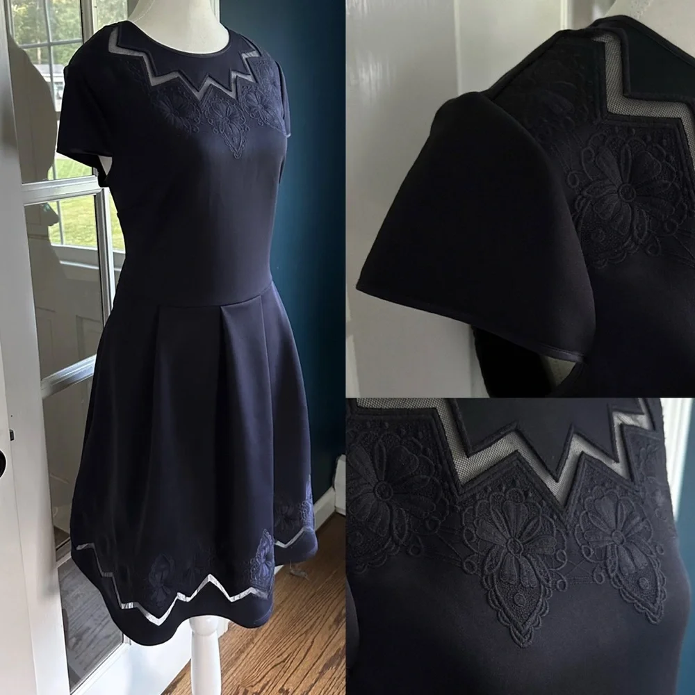 Ted Baker London Navy Cheskka Lace & Mesh Skater Dress | Ted Size 4 / US 10 - Picture 4 of 16